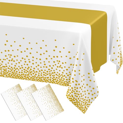 Smiry Disposable Rectangle Plastic 54 x 108 Inch Table Cloth 3 Pack - color: White and Gold