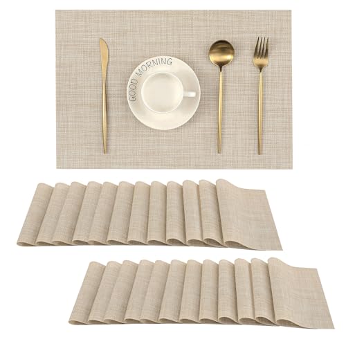 Woven Vinyl Beige Placemats Set of 24, Linen Look & Easy to Clean - color: Beige, size: Set of 24