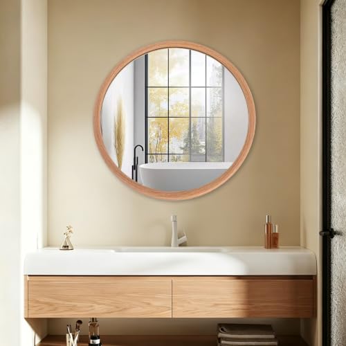 LVMU Round Oak Woodgrain Frame Wall Mirror 20 Inch Rustic Farmhouse - color: Oak