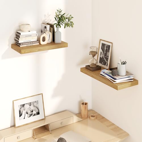 Fun Memories Floating Shelves for Wall, 8 Inch Deep Floating Wall Shelf, 16" x 8" Floating Shelves - Set of 2, Rustic Wooden Storage Shelves for Bathroom, Living Room, Kitchen - color: Oak, size: 16"W x 8"D