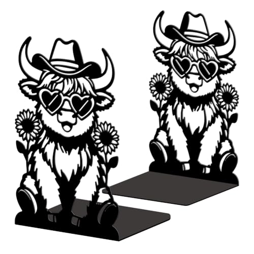 Peacoblue 5.3"x4.3"x7.9" Metal Bookends, Heavy Duty Book Ends for Shelves - style: Highland Cattle with Sunflowers
