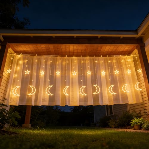 Dazzle Bright Ramadan Curtain String Lights, 138 LED 8.2 FT Warm White Star Moon Window Lights with Timer and 8 Lighting Modes, Waterproof Ramadan Decorations for Bedroom Wall Wedding Outdoor Party - size: Star Moon