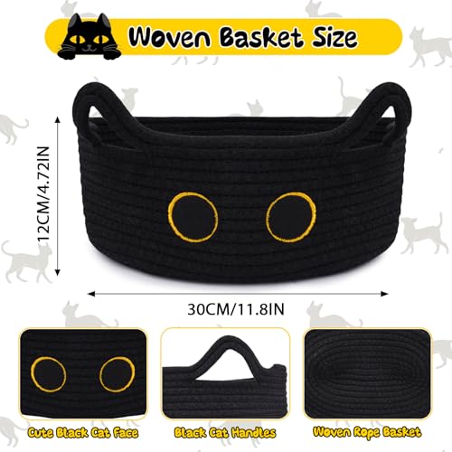 Black Cat Toy Basket for Nursery,Small Cute Cat Oval Woven Rope Basket - color: Black, size: 12"D x 5"H IN