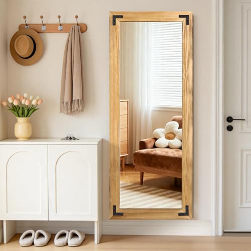 55"× 22" Full Length Mirror with Wood Frame, Natural Wooden Standing Mirror - color: Light, size: 55"L x 22"W