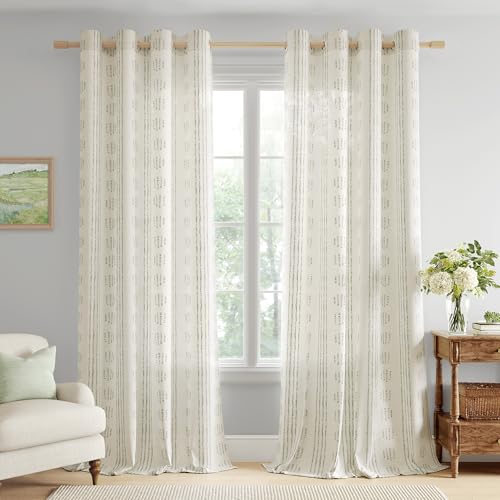 Green Linen Boho Curtains 84 Inch Farmhouse Grommet Top 2 Panels - color: Boho | Green, size: 52"W x 84"L (Pack of 2)