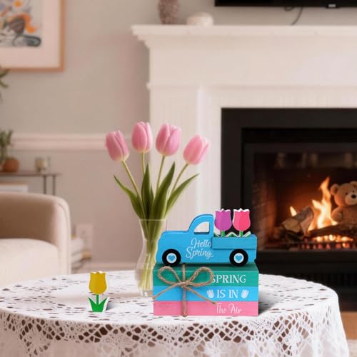 Pcs Spring Wooden Table Sign Hello Spring Table Centerpiece Hello Spring Truck Books Flowers Farmhouse Faux Book Stack Pastel Tulip Tiered Tray Block Decor for Home Holiday Decoration - style: Hello Spring Tulip