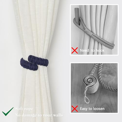NICEEC 2 Pack Natural Cotton Rope Curtain Tiebacks Farmhouse Rustic Style Decorative Drape Tie Backs Handmade Braided Curtain Holdbacks for Home & Office Sheer/Light Weight Drapery (C-Dark Blue-S) - color: Dark Blue-small, size: 2 Pack