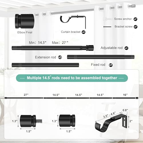 Ottsuls Curtain Rods for Windows, 32 to 74 or 85 Inches Max Adjustable Length, 1 Inch Diameter, Black Decorative Curtain Rod Set, Rustproof Heavy Duty Metal Pole with Brackets - size: 32" to 74"