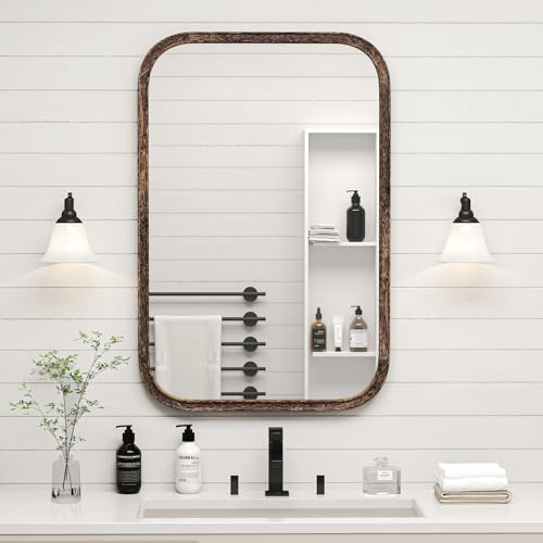 Acovy 24x36 Inch Solid Wood Framed Mirror Bathroom Mirror Tempered Glass for Wall Mounted, Rustic Wood Frame Wall Mirror Decorative for Living Room Bedroom Vanity Entryway