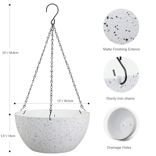 Meowell 12 inch Large Hanging Planters for Indoor Outdoor Plants, 2 Pack Hanging Flower Pots with Drainage Holes and Chain for Garden Porch, Plastic Hanging Baskets for House Plants, Speckled White - color: Speckled White, size: 12inch 2pcs