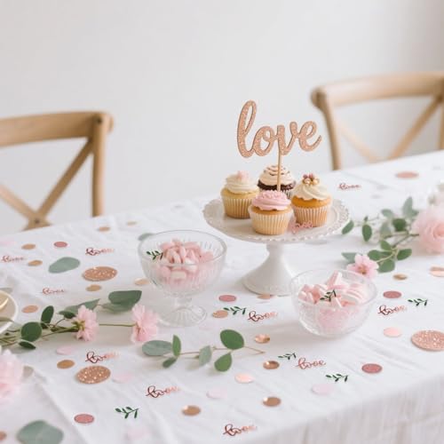 200 Pcs Rose Gold Glitter Wedding Table Confetti, Greenery Eucalyptus, Bridal Shower Decorations, Pink Love Confetti, Engagement Party Scatters - color: Rose Gold Love