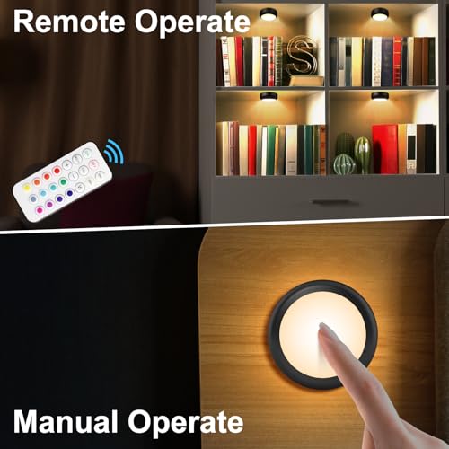 BLS LED Puck Lights with Remote Control, Wireless Under Cabinet & Closet Lighting, RGB 13 Color Changing Lights with Dimmer, Timer & AA Battery Operated, Push, Touch, Stick on for Night, Black, 2 Pack - color: Black, size: 2 Pack