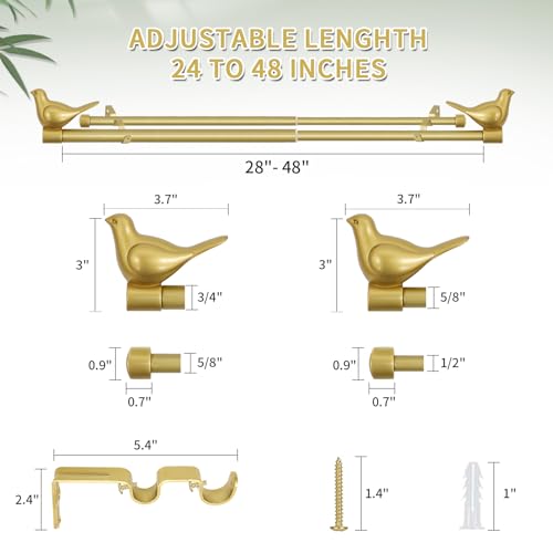 3/4" Diameter Farmhouse Double Window Treatment Curtain Rod, Bird Finials (28"-48", Gold) - color: Gold, size: 28"-48"