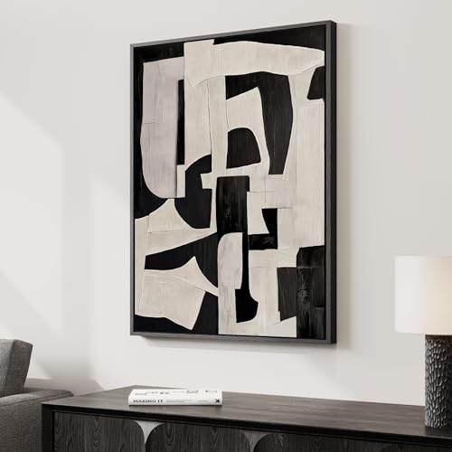 Framed Neutral Modern Black Beige Abstract Wall Art, 1 Piece 24x36 In - color: Black White Geometric A