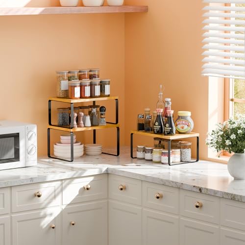 Simple Trending Bamboo Cabinet Organizer Shelf, Set of 3 Kitchen Counter Shelves, Stackable Expandable Spice Rack Kitchen Storage, Black and Natural - size: Set of 3 Shelves