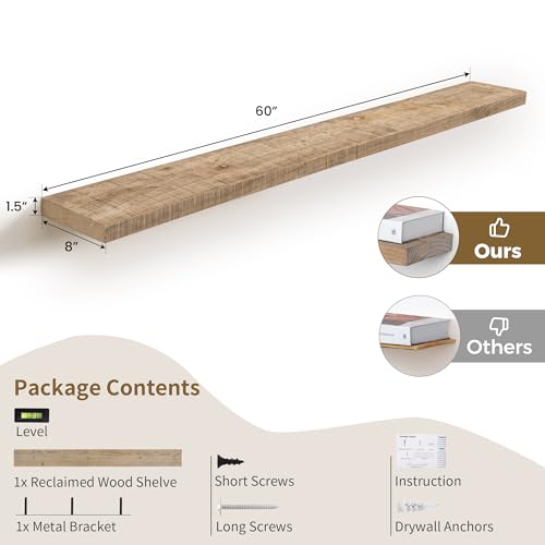 FLYJOE 60 Inch Long Wood Floating Shelf,Solid Rustic Reclaimed Barnwood Planks 8 Inch Deep Floating Wall Mounted Shelves with Invisible Heavy-Duty Metal Bracket for Living Room,Bedroom,Office,Natural - color: Distressed Natural, size: 60inches-1P
