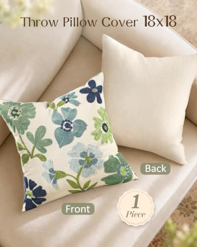Embroidered Floral Throw Pillow Cover 18x18 Inch, Teal Flower - color: Teal Flower, size: 18" x 18" (Pack of 1)