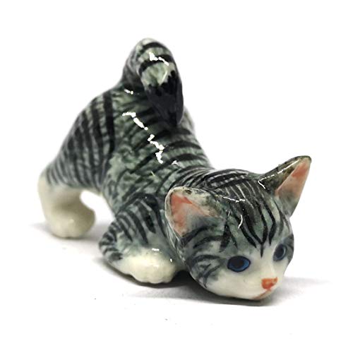 Handmade Ceramic Gray Miniature Tabby Cat Figurine, Shelf Decor