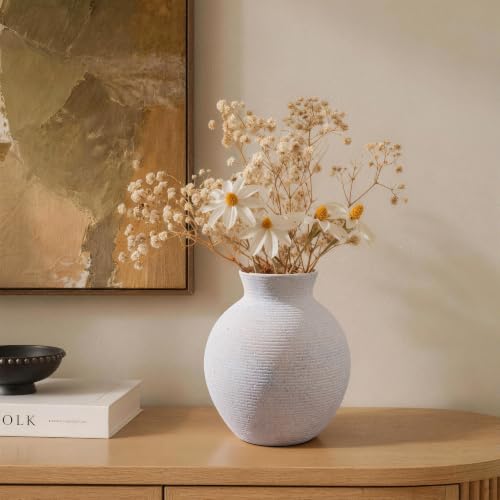 Ceramic Flower Vase Home Decor, 6 in Farmhouse Table White Vases Rustic Vintage Living Room Kitchen Bedroom Decorations Pottery Decorative Vases for House Shelf Office Coffee Desk Dining Fireplace - color: 6 in - White