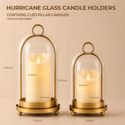 Hurricane Glass Candle Holders, 5"&4" Gold Candle lantern Holders (Include Led Pillar Candles) Hurricane Candle Holder for Adding Vintage Elegance to Home Decor Dining Tables Mantels