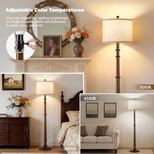Floor Lamps for Living Room - 60" Farmhouse Floor Lamp with Adjustable Color Temperatures - Vintage Standing Lamp Reading Light with Linen Shade Rustic Tall Lamp for Bedroom Office, Wood , Walnut - color: Walnut