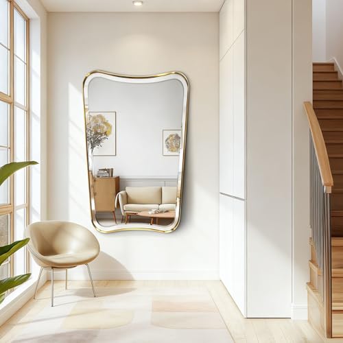 POZINO 48"x30" Premium Large Brushed Gold Bathroom Beveled Mirror - color: Brushed Gold Irregular, size: 48"L x 30"W