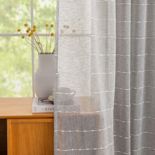 Faux Linen Embroidered Curtains 63 Inch Length for Dining Room Aesthetic Boho Bathroom Window Curtains 2 Panels Light Filtering Farmhouse Semi Sheer Curtain for Bedroom 52"W x 63"L Light Grey - color: Grey, size: 52"W x 63"L (Pack of 2)