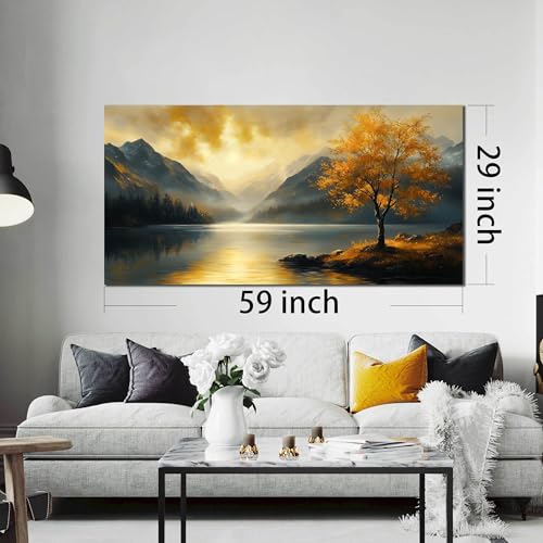 Ouzzlie Tree Wall Art for Gold Canvas Art Living Room - color: Yellow, size: 59"L x 29"W