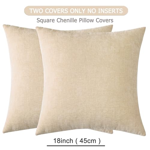 GAWAMAY Beige Chenille Throw Pillow Covers 18x18 Set of 2 for Couch - color: Beige, size: 18" x 18" (Pack of 2)