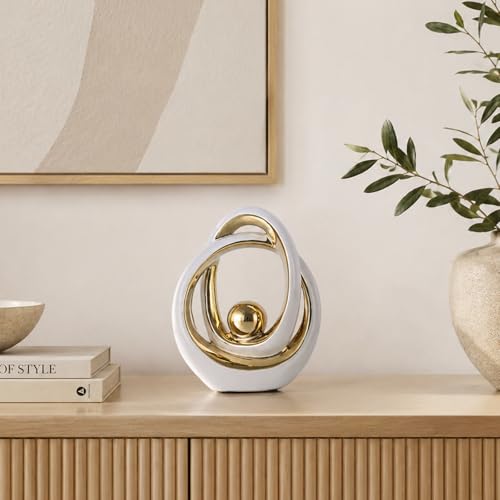 White and Gold Ceramic Abstract Sculpture for Home Decor, Modern Loop Art Tabletop Decorative Object for Entryway Table, TV Stand, Mantel, Coffee Table Centerpiece