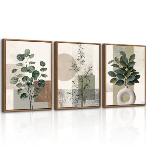 3 Pcs Framed Sage Green Boho Botanical Neutral Abstract Canvas Wall Art - color: Eucalyptus Bamboo Plant, size: 16"x24"x3Pcs