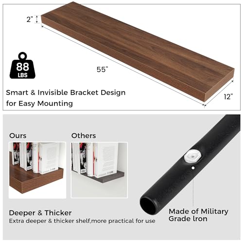 55 Inch Floating Shelves for Wall, 12"D Wood Storage Shelves, Walnut Finish - color: Walnut, size: 55 Inch