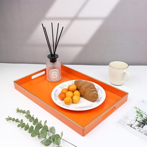 Spsyrine Orange Decorative Serving Tray with Handles, Elegant Plastic Coffee Table Tray for Ottoman, Living Room, Home Decor 15.6" X 10.2" - color: Orange