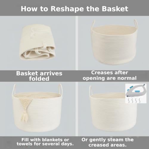 XUANGUO 66L Large Blanket Basket, Round Cotton Rope Basket, White - color: white