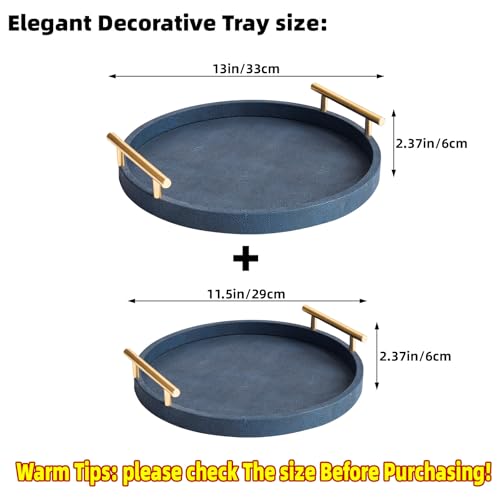Modern Decorative Serving Tray, Round Shagreen Tray with Gold Polished Metal Handles, Decorative Trays Coffee Table Ottoman Trays for Living Room Bathroom Home Decor, Set of 2 (Blue) - color: Blue