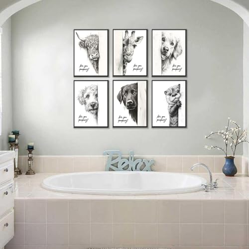 Funny Bathroom Wall Art Set of 6 Black and White Bathroom Posters Unframed - color: Animal Prints