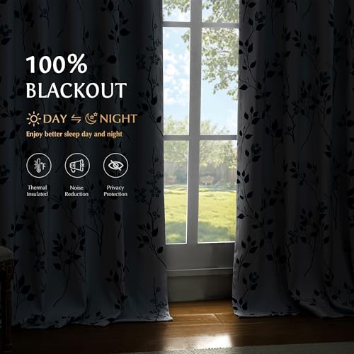 Beauoop Floral 100% Blackout Curtains for Bedroom Navy Blue 52X84 2 Panels - color: Grommet | Blue Navy, size: 52"W x 84"L (Pack of 2)