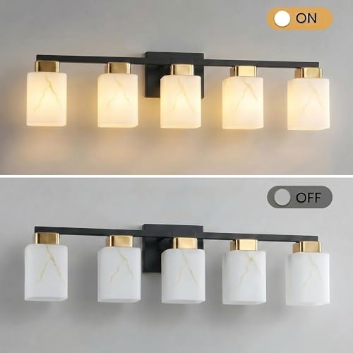 5-Light Square Bathroom Light Fixture, Black and Gold Modern Vanity Light with White Marble Glass Shade, for Bathroom Mirror, Living Room, Bedroom, Hallway, E26 Base - color: Black and Gold, size: 5-Light