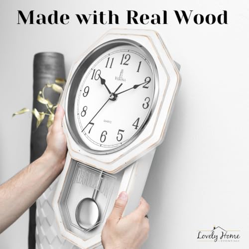 Pendulum Wall Clock, Real Wood Regulator Clock, White, Quiet Non-Chiming - color: Rustic White With Arabic Numerals