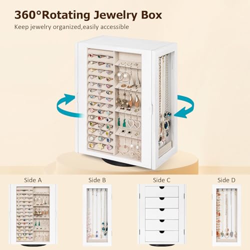 Emfogo 360° Rotating Jewelry Box for Women, Vintage Wooden Large Jewelry Organizer with 5 Drawers, Glass Doors, Vertical Open Design Jewelry Organizers and Storage for Earring Ring Necklace Bracelet - color: Weathered White