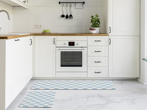 Ohocut Blue Checkered Kitchen Mats for Floor Set of 2, 2 Pcs Cushioned Non Slip Runner Rugs for Kitchen/Sink/Laundry, Comfort Aesthetic Cute Anti-Fatigue Foam Floor Mat 17.3"x29.5"+17.3"x47.2" - color: Blue