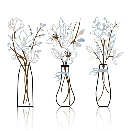3 Pieces Metal Flowers Wall Art for Bathroom (Blue Brown) - color: Blue Brown