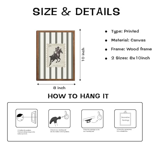 Vintage Western Cowboy Wall Art, Striped Rodeo Horse Postage Wall Decor Southwest Cowboy Poster Canvas Prints Retro Stamp Mid West Mid Century Artwork Aesthetic for Bedroom Living Room Home Decor 8x10 in Wood Framed - color: Green stamps, size: 10"L x 8"W