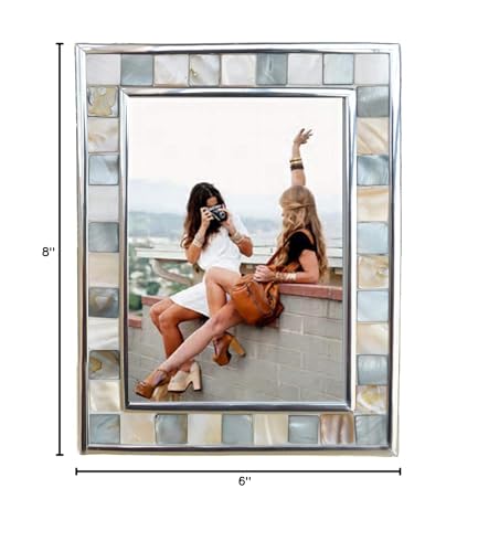 Mother of Pearl Picture Frame 6x8, Grey + White, 1Pc | Silver Plate Wall or Tabletop Frame, Wedding Photo Frame, Mosaic Glass Beach Frame, Holiday Gift - color: Grey, size: 6x8 Inch