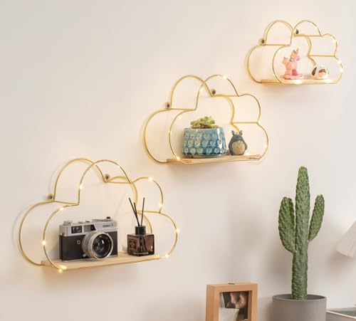 Golden Cloud Shape Floating Shelves with LED Lights Wall Decor,Gold Metal Wire and Wood Base Wall Mounted Shelf Decorations for Home Bedroom Living Room - Set of 3