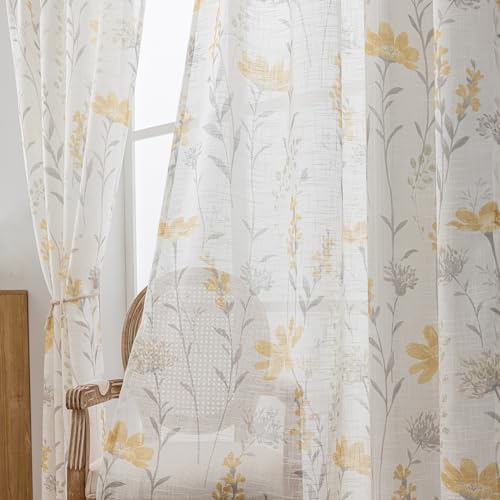 SUOUO Yellow Floral Semi-Sheer Curtains 84 Inches 2 Panels Rod Pocket - color: Yellow-grey, size: 52"W x 84"L (Pack of 2)