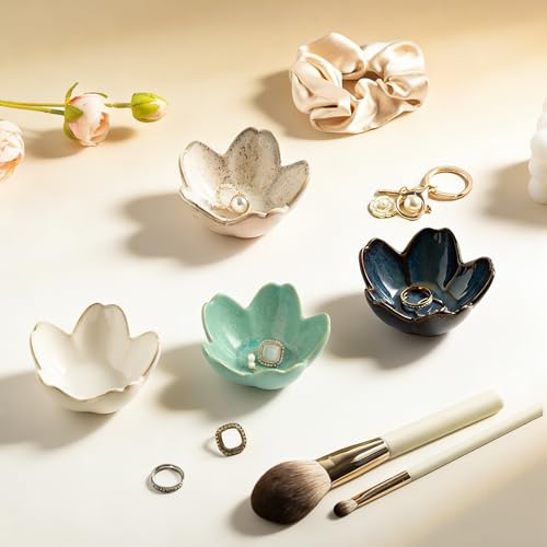 Mecaikru Ceramic Jewelry Tray, 3.5 in Flower Ring Dish with Gift Box & Card - color: grey