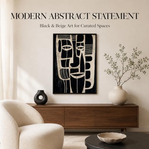 Framed Abstract Face Canvas Wall Art, Black and Beige Minimalist Wall Decor - color: Abstract face, size: 24"L x 16"W