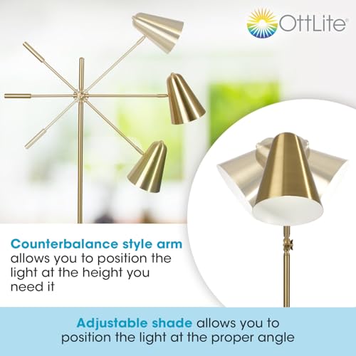 OttLite Archer LED Floor Lamp, Mid-Century Modern, Satin Brass Finish