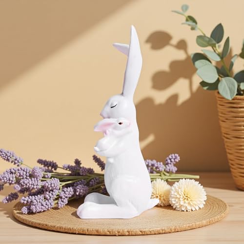 YANGMEI White Resin Easter Rabbit Statue, Snuggling Bunnies with Carrot Easter Figurine, Spring Holiday Tabletop Home Garden Decoratio - color: B